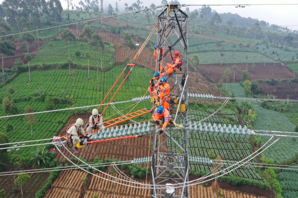 Petugas PLN melakukan pemeliharaan jaringan transmisi untuk menjaga keandalan pasokan listrik.