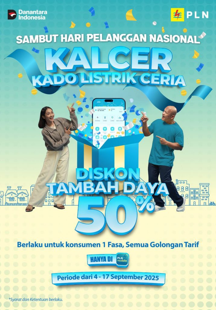 Ilustrasi program Kado Listrik Ceria (KALCER) PLN dengan diskon tambah daya 50% untuk Hari Pelanggan Nasional 2025.