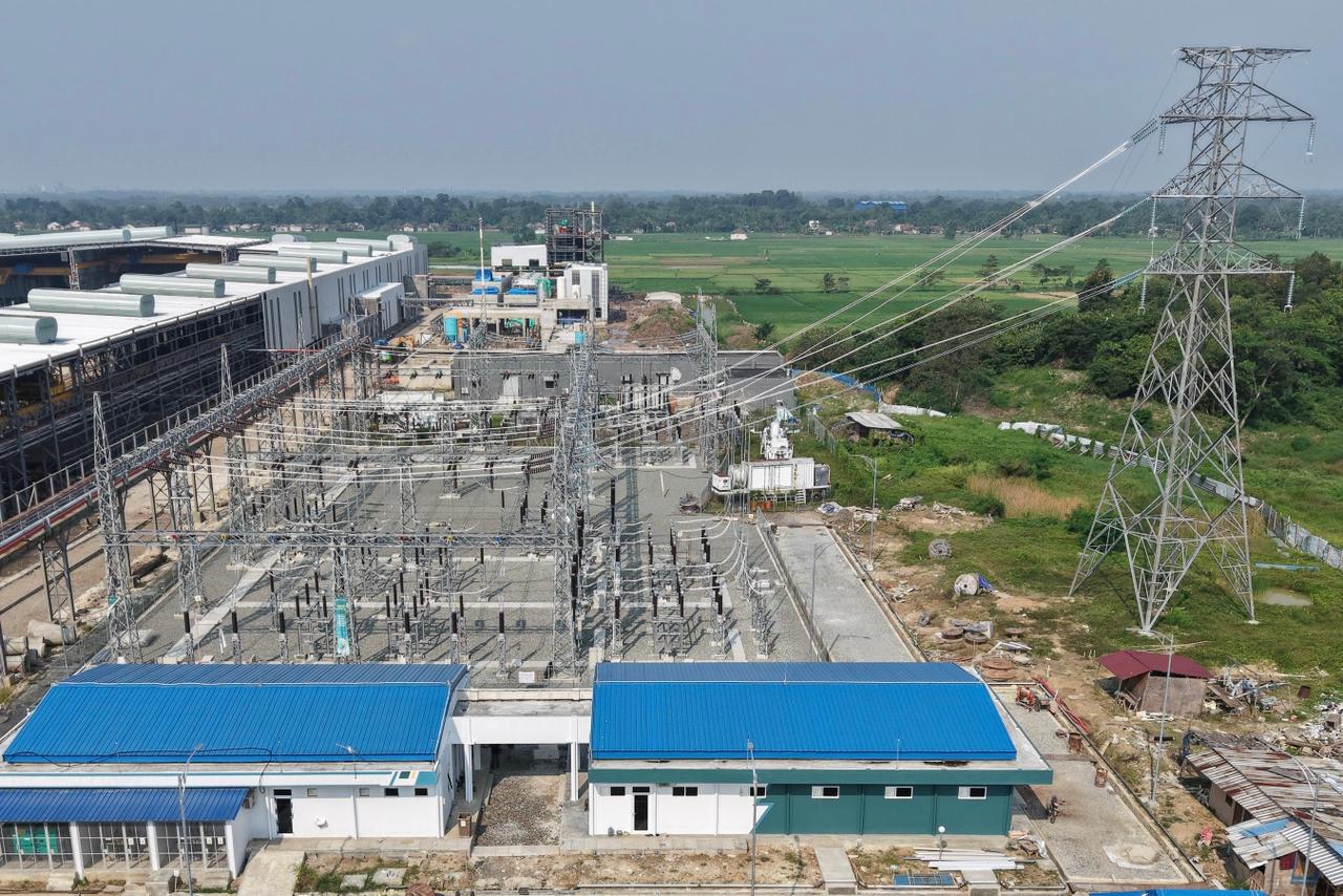 Tampilan udara gardu induk 150 kV PLN yang memasok listrik ke kawasan industri Cikande, Serang, Banten.