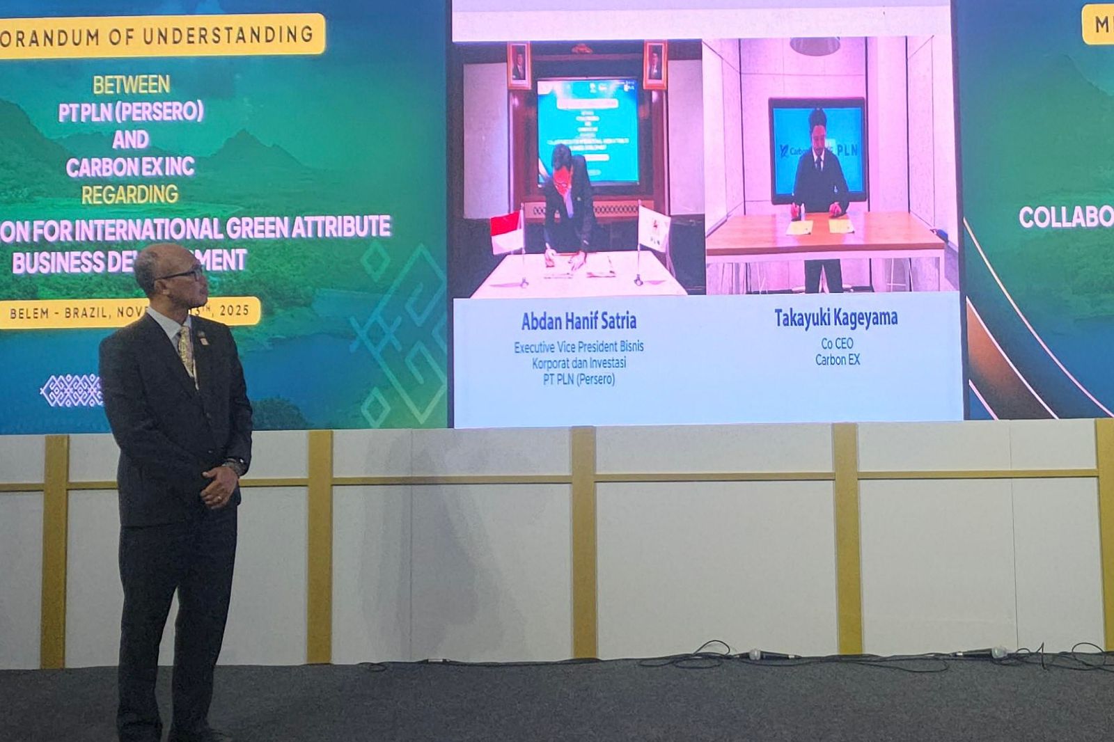 Evy Haryadi menyaksikan penandatanganan MoU PLN dan CarbonEx Japan melalui rekaman video pada sesi Seller Meets Buyer di COP30 Belém.